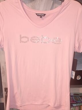 Bebe Sport Light Pink Rhinestone Logo V-Neck Tee